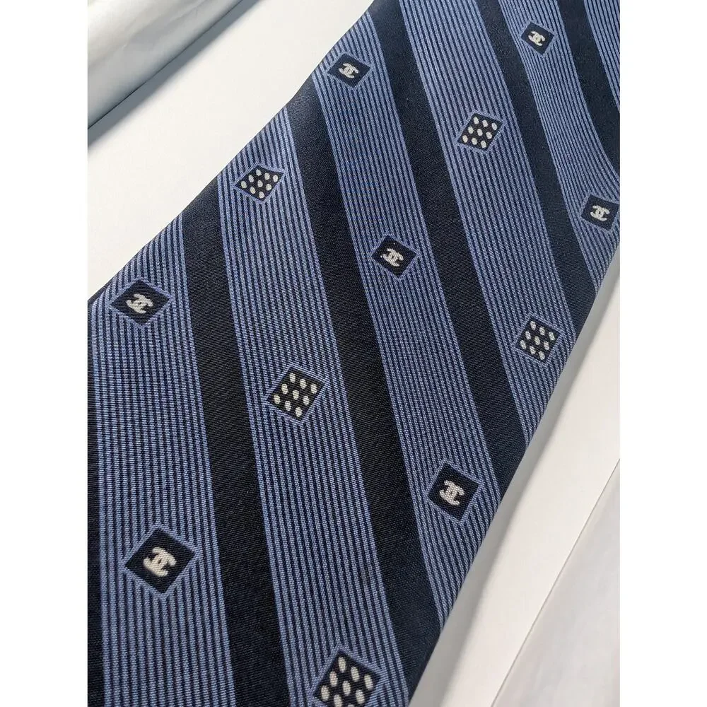Chanel Monogram Blue and Black Striped Necktie - Giftable with Box